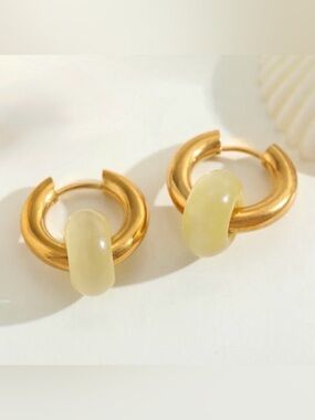 Yellow Hoop Earrings with Natural Stone